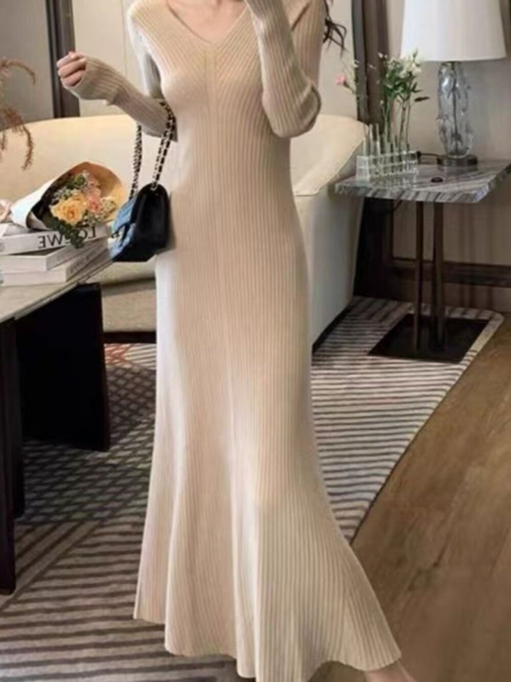 Beige Ribbed Knit Long Sleeve Midi Dress
